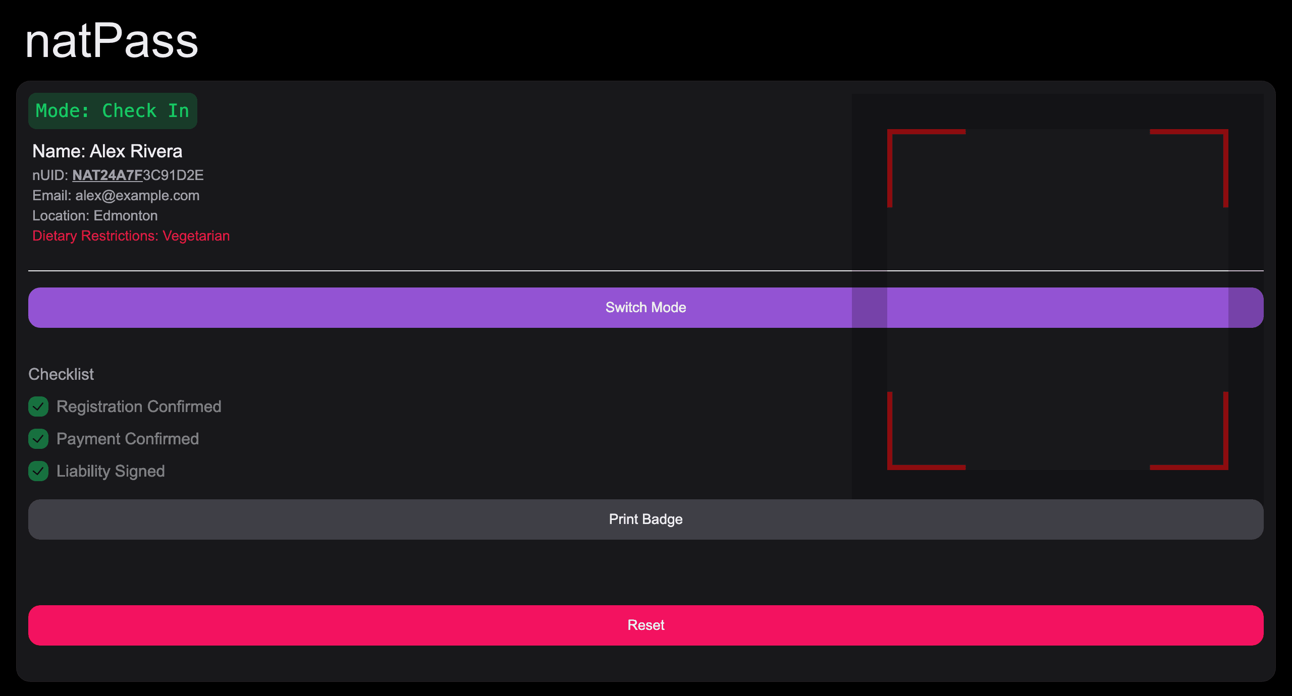 natPass in check-in mode: a hacker's details, and a checklist showing registration, payment and waiver all confirmed